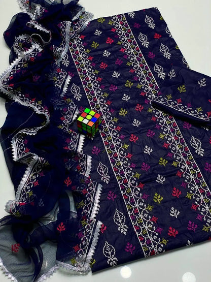 Blue Chikankari Lawn 3Pcs Embroidered Set